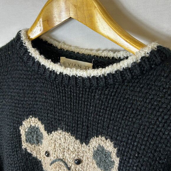 Vintage 90s Evian II Black Crewneck Sweater with Brown Fuzzy Teddy Bear Size M - Picture 4 of 11
